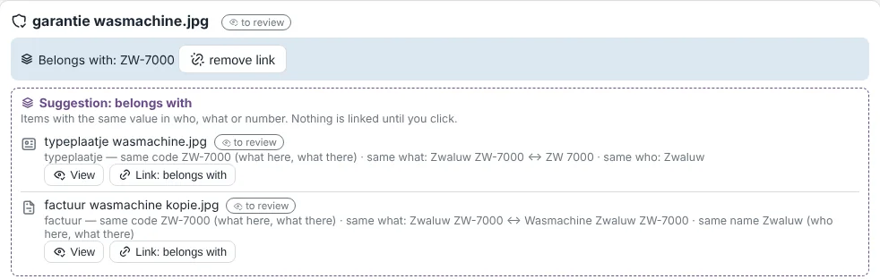 A suggestion to link a warranty with an invoice and a type plate that carry the same model number. Nothing is linked until you click.