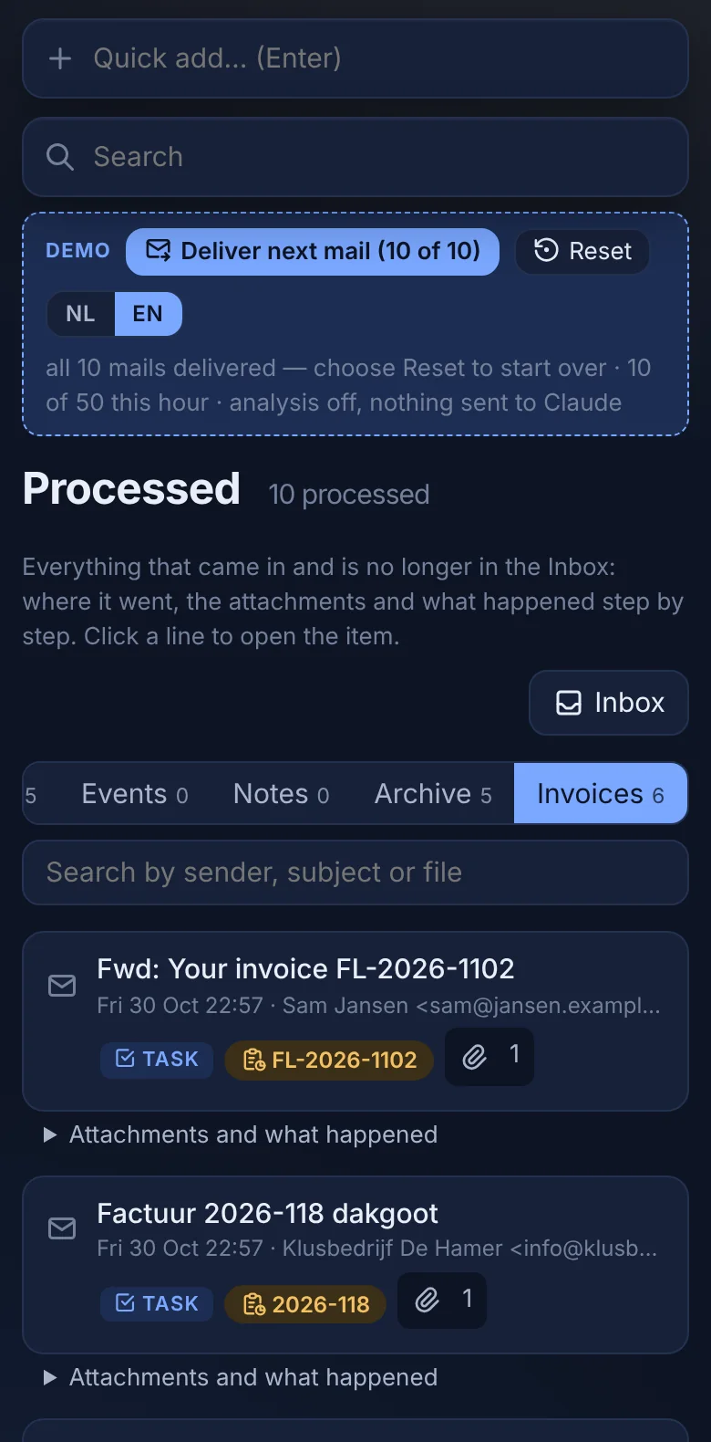 Spil demo on a phone in dark mode, filtered on invoices.